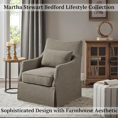 Martha Stewart London Swivel Chair - Solid Wood & Plywood, Skirted Metal Base Accent Armchair