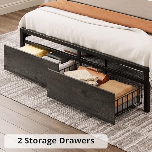 LIKIMIO King Bed Frame with Storage Headboard, Platform Bed with Drawers and Charging Station, No Box Spring Needed, Easy Assembly, Vintage Brown