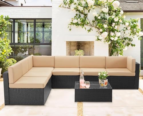U-MAX 7 Piece Outdoor Patio Furniture Set, PE Rattan Outdoor Wicker Sectional Furniture Chair Set with Cushions and Tea Table