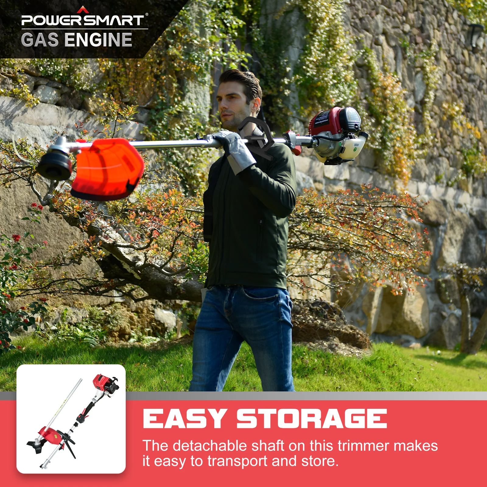 PowerSmart 2-Cycle 25.4cc 18lb Straight Shaft Gas String Trimmer Weed Wacker and Brush Cutter for Lawns and Grass