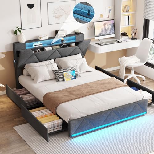 Vabches Queen Bed Frame with Storage Headboard and 4 Drawers,Upholstered Platform with Charging Station and Led Lights,Adjustable Headboard