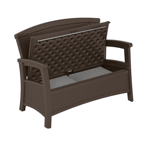 Suncast Elements Stylish Lightweight Loveseat Outdoor Seating with Convenient Built In Universal Storage, and All Weather Plastic, White