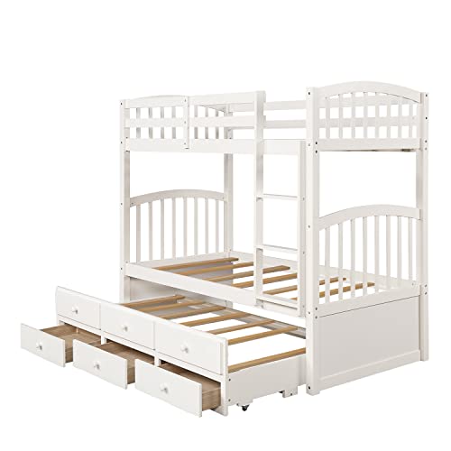 Harper & Bright Designs Twin Over Twin Bunk Bed with Trundle, Wooden Bunk Bed with 3 Storage Drawers and Safety Rail, Can be Convertible to 2 Beds
