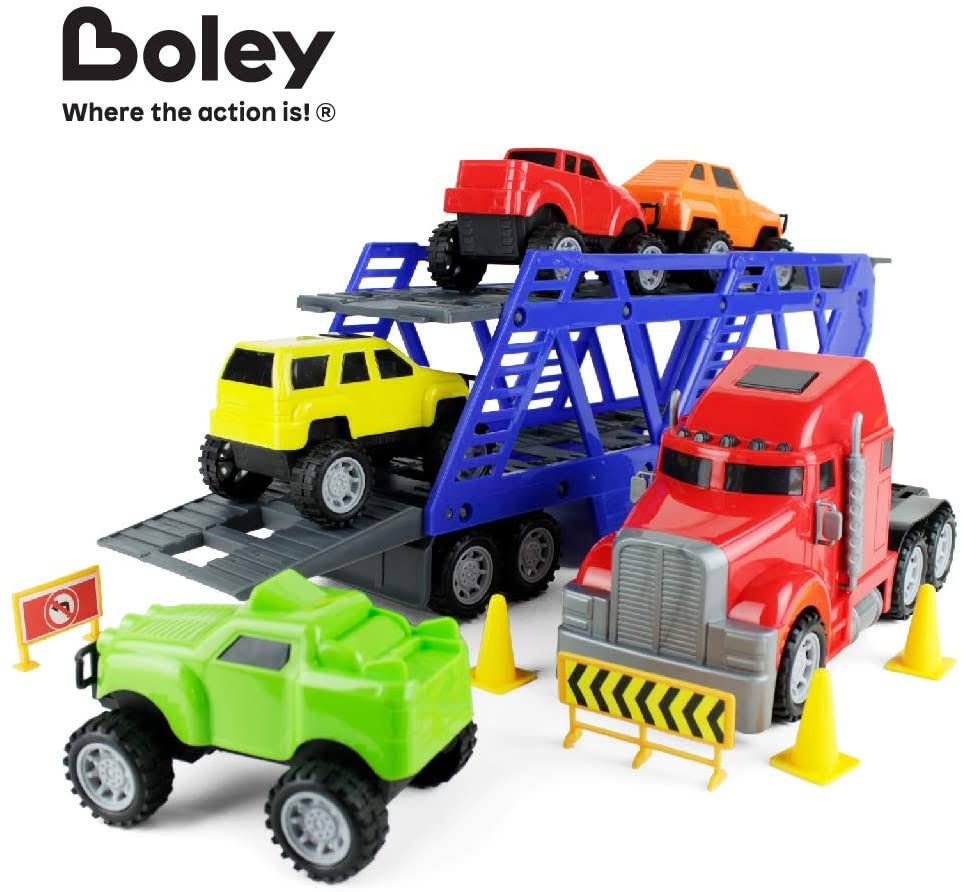 Boley 5-in-1 Big Rig Hauler Truck Carrier Toy Complete Trailer with Construction Signs and Monster Jam Trucks Great Toy for Boys