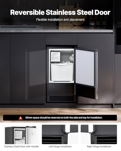 VEVOR Under Counter Ice Maker Machine, Crescent Ice, 25 Lbs/Day Stainless Steel Built in Ice Maker with Reversible Door