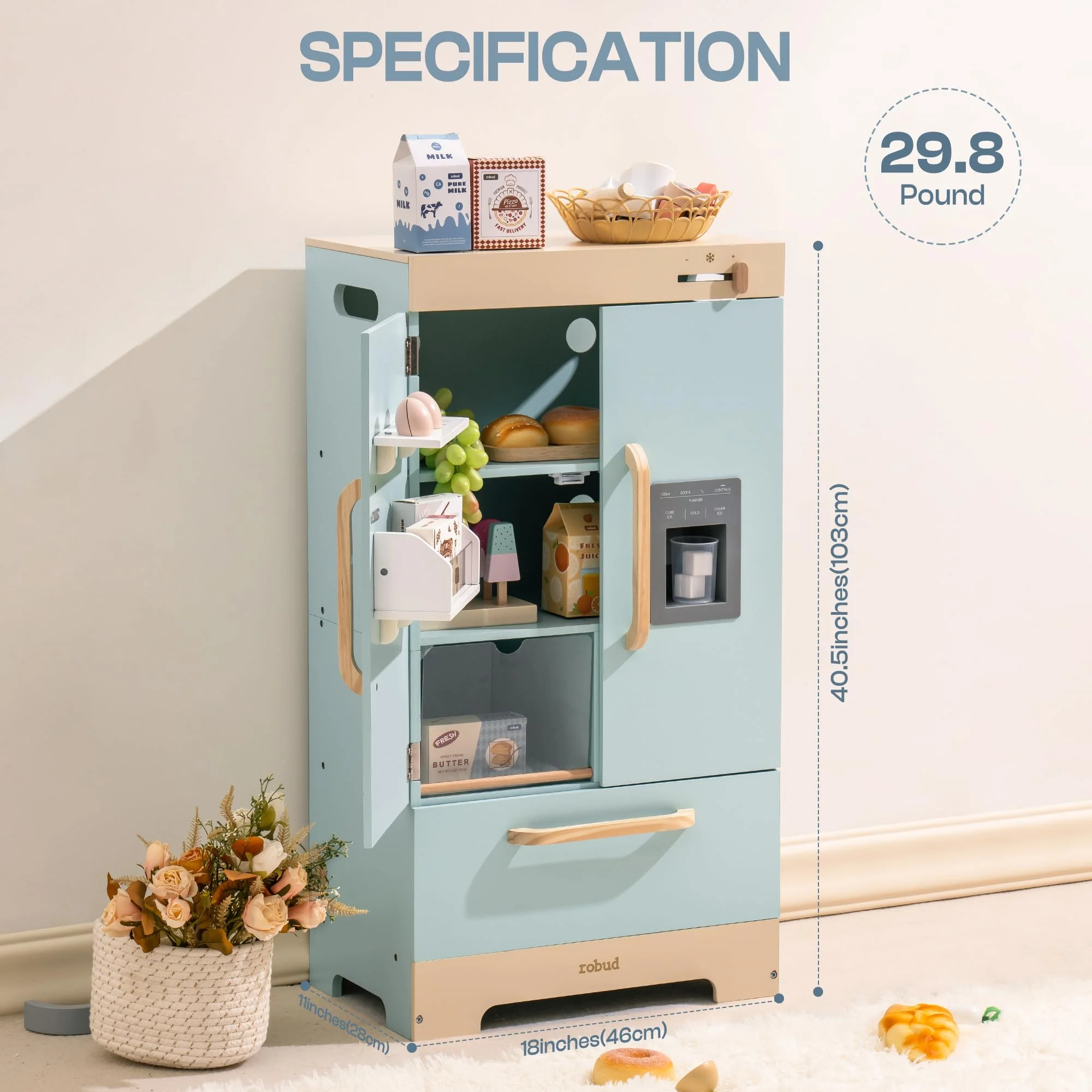 Robud Play Kitchen for Toddlers,Fridge Refrigerator with Ice Dispenser,Wooden Kids Play Kitchen Playset Toy,Gift for Ages 3+,Blue