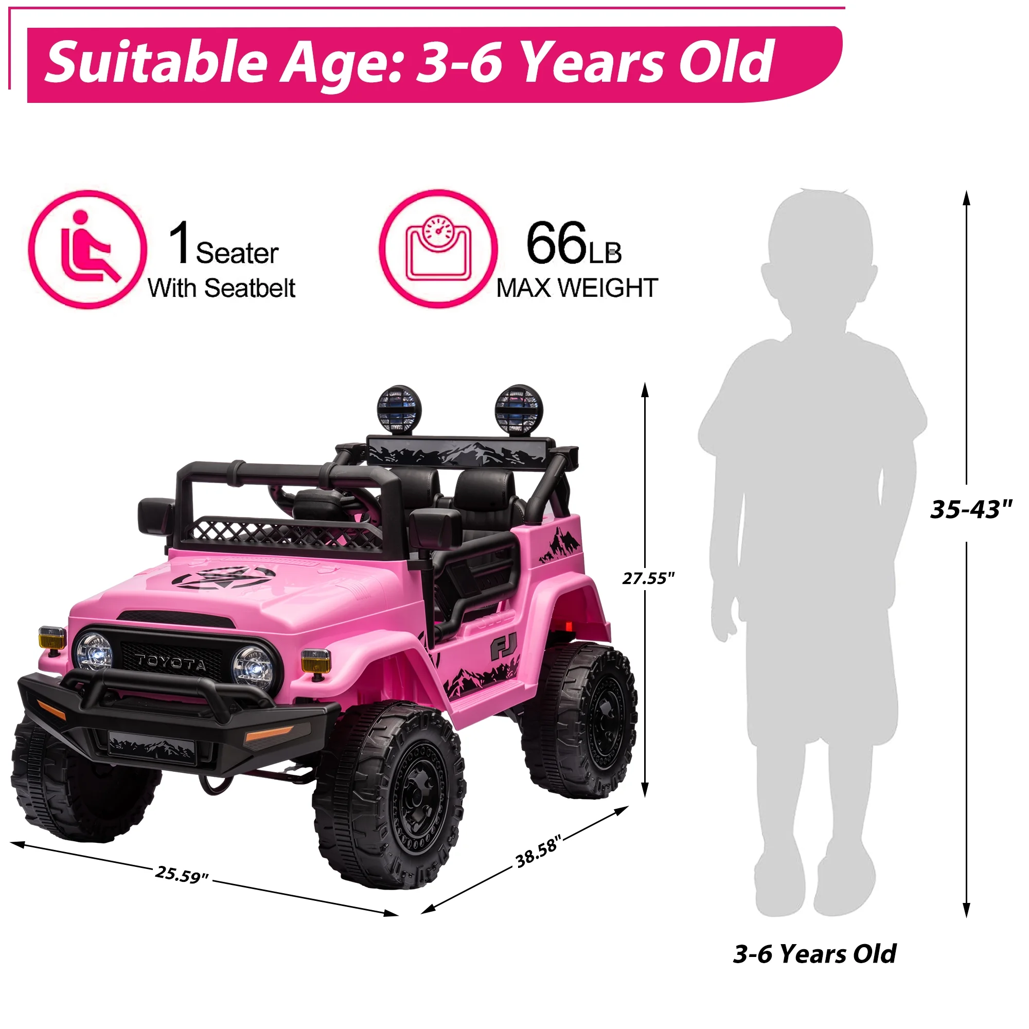 12V Ride on Cars with Remote Control, Licensed Toyota FJ Cruiser Ride on Trucks Vehicle with Bluetooth, Music, MP3/USB Port