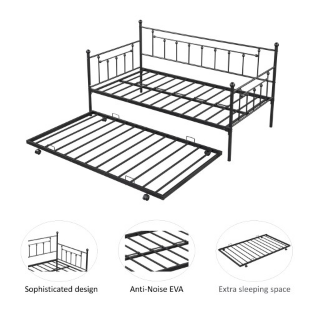 Daybed with Trundle Black + Metal