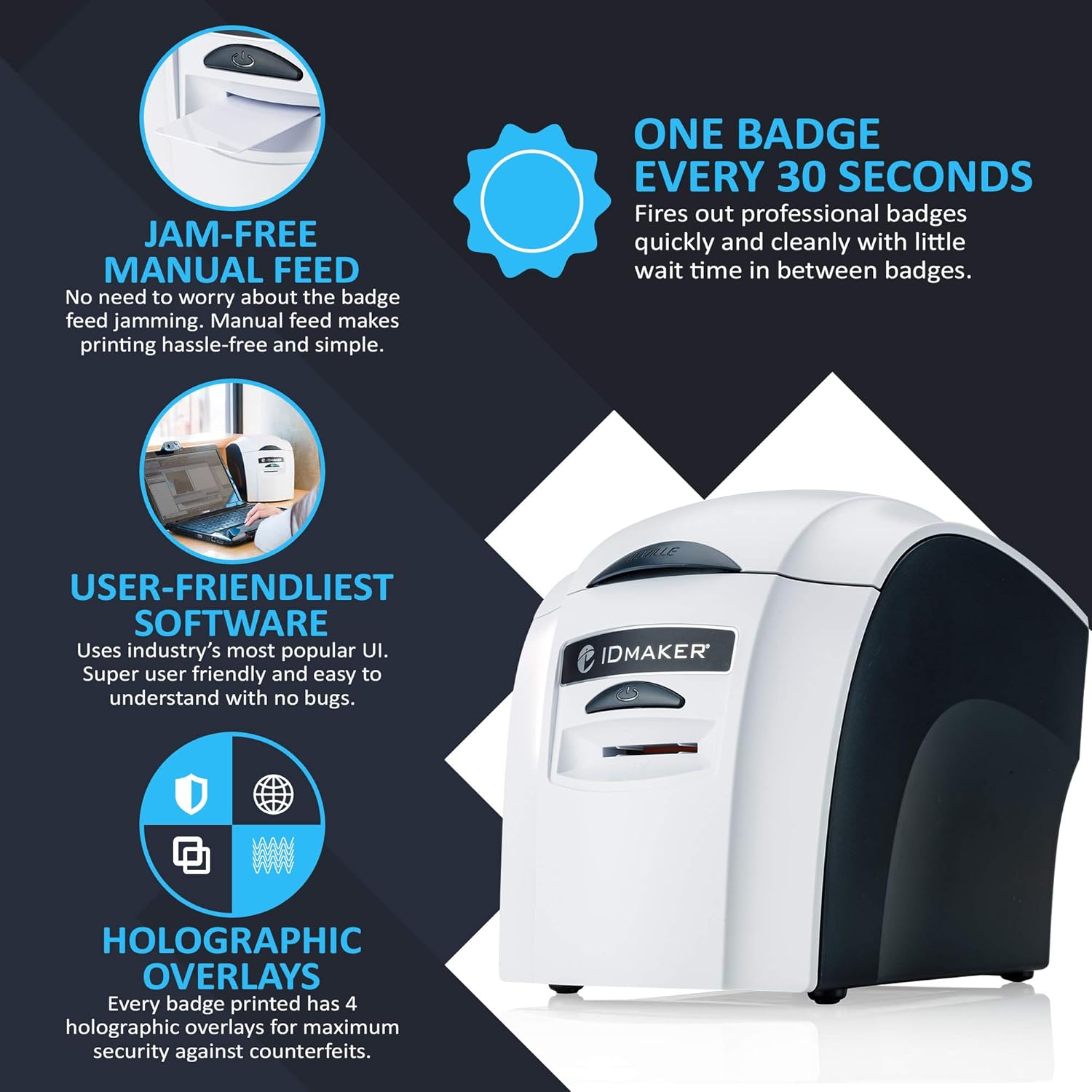ID Maker Card Printer Machine & Supply Kit for Badge Printing - Print Professional Quality 1 Sided Identification Badges - IDMaker Software