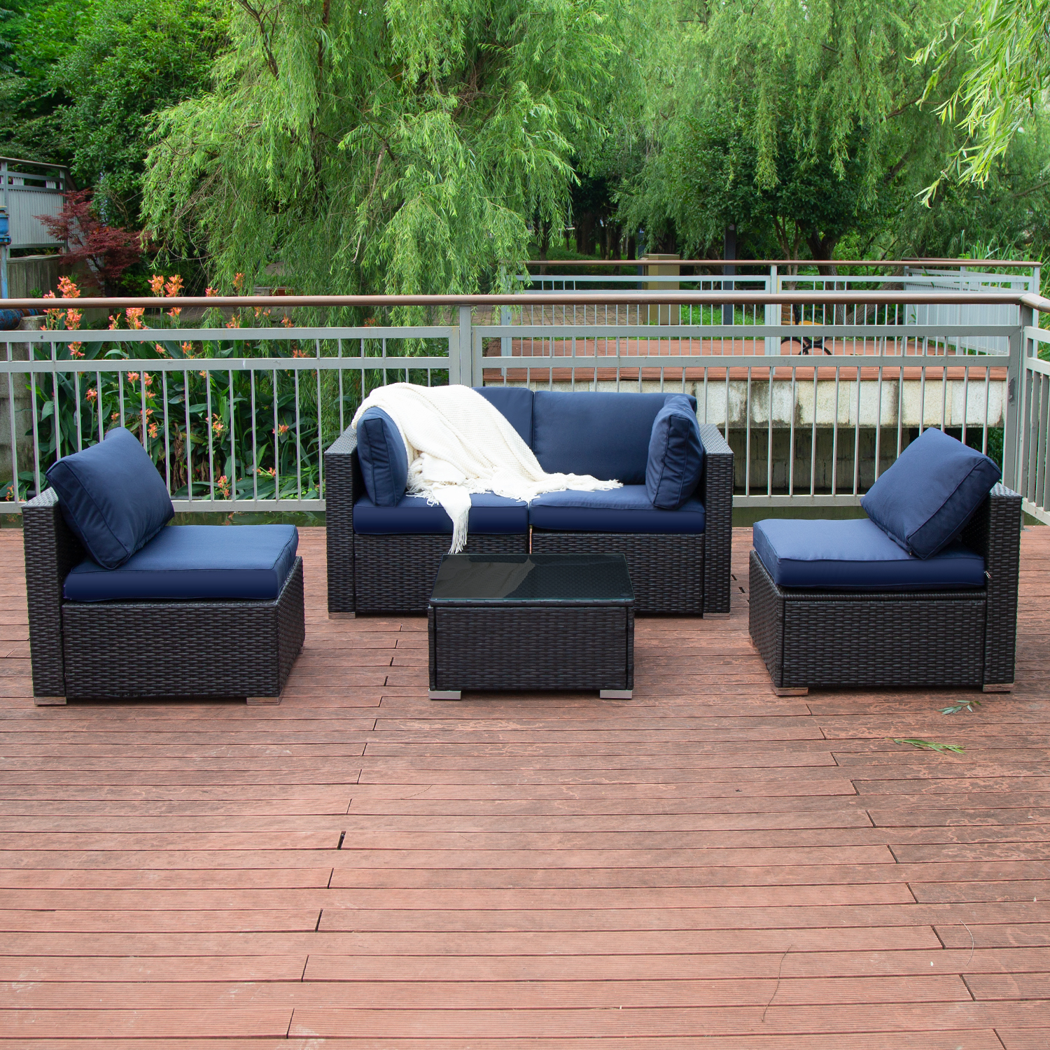 Excited Work 5 Pcs Patio Sofa PE Rattan Outdoor Wicker (BLUE) Patio Conversation Set