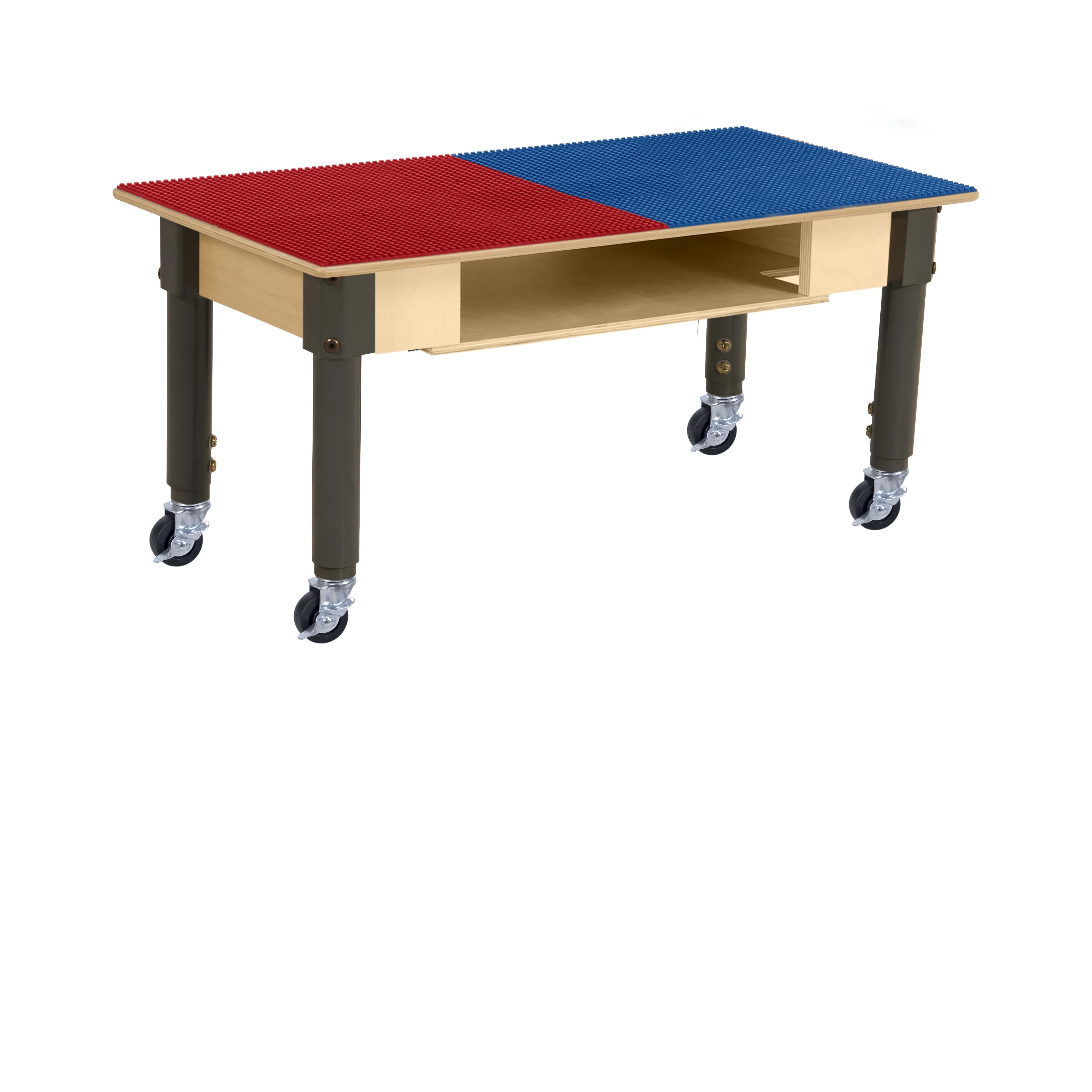 Time-2-Play 30.75"x15.5" Rectangular School Activity Table, Red & blue Lego Compatible Play Table with Built-in Storage N Wheels for Kids