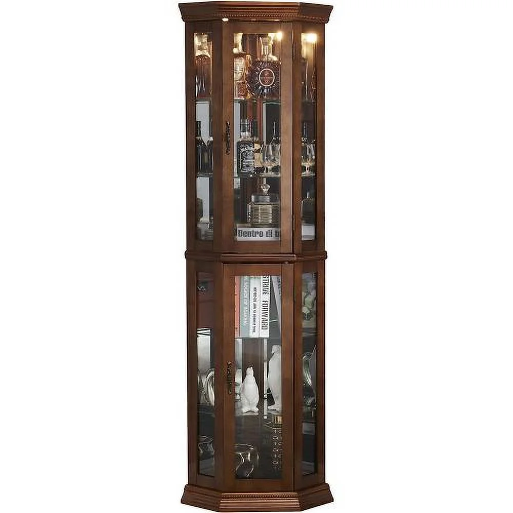 leeheeyee Lighted Tall Corner Cabinet，Wooden Corner storage cabinet with tempered glass door ，two shelf units， for Living Room or Bedroom