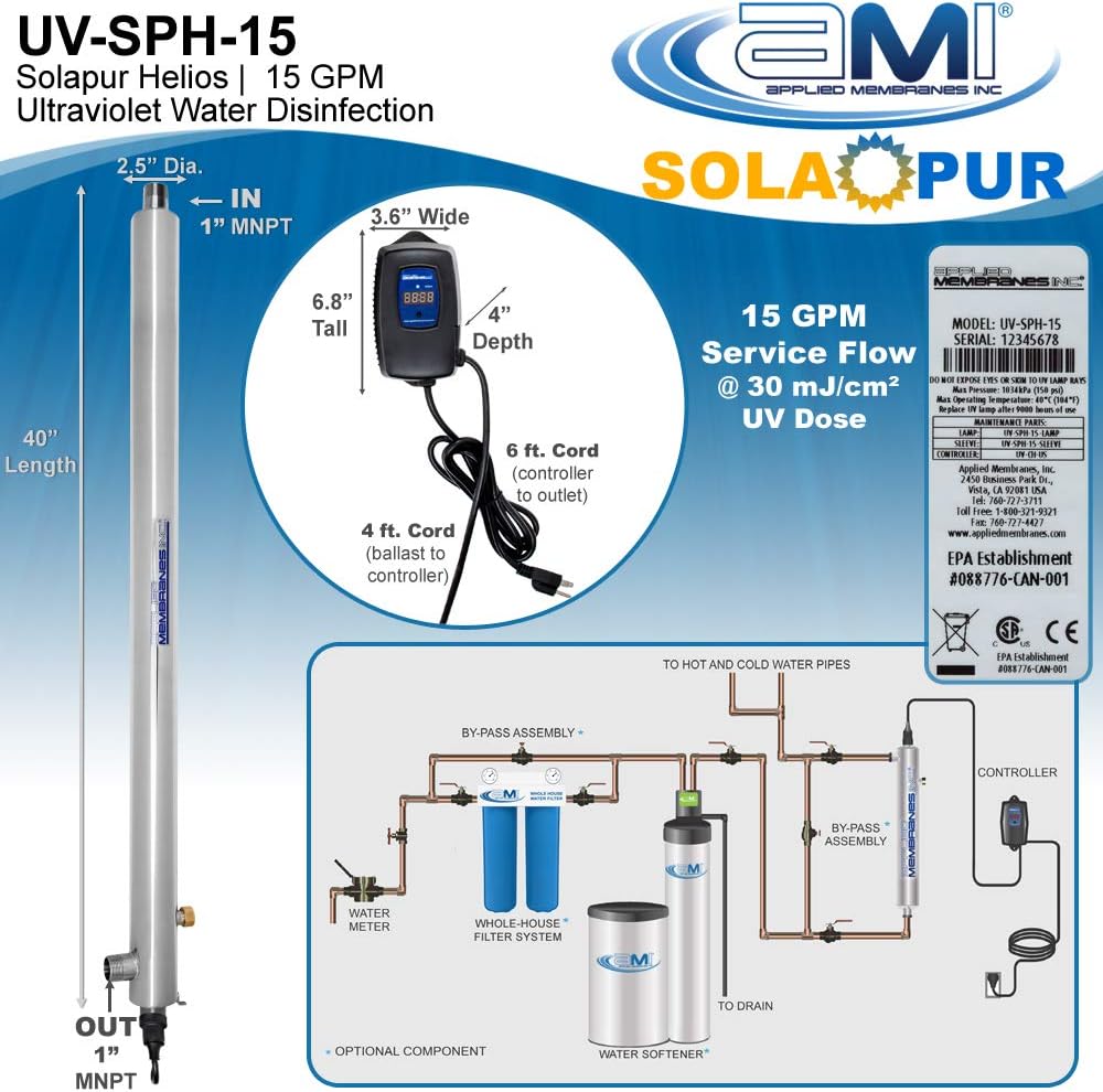 APPLIED MEMBRANES INC. Solapur Whole House Ultraviolet Water Purifier UV Sterilizer for Point of Entry Drinking Water Purification | 15 GPM | Helios