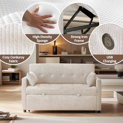 Sofa Bed, Loveseat 3-in-1 Sleeper Sofa with Pull Out Bed, Pockets and USB