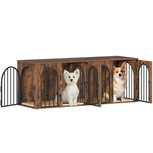 71" Dog Crate Furniture for 2 Dogs, Heavy Duty Indoor Dog Kennel TV Stand, XXL Wooden Dog Cage with Divider for Medium Large Dogs