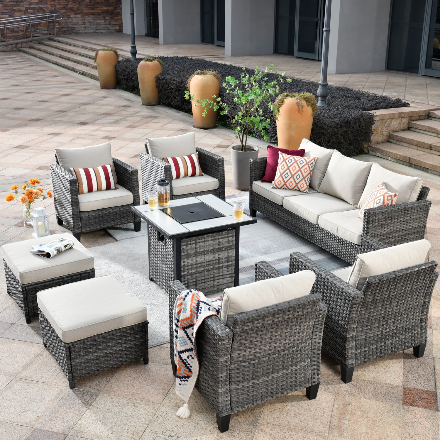 Ovios 8 Pieces Patio Outdoor Furniture Grey Conversation Set Outdoor Sectional Sofa with Gas Fire Pit CSA Approved - Radiant Selections