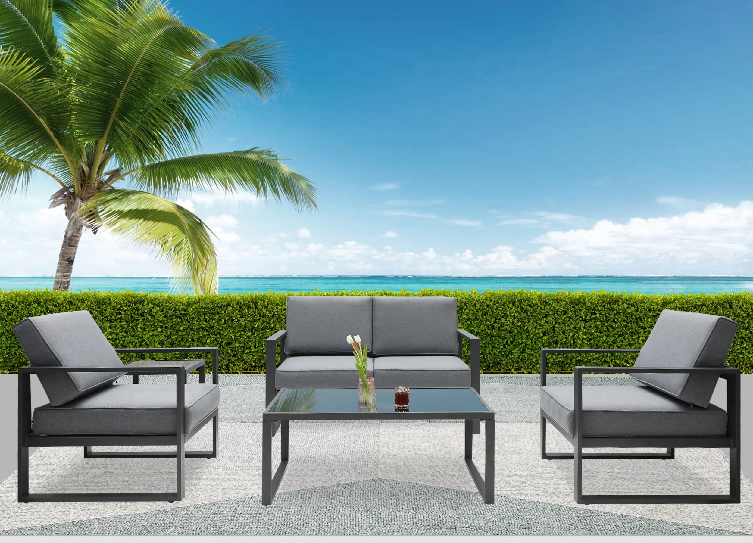 Superjoe 5 Pcs Aluminum Patio Furniture Set All Season Outdoor Couch Conversation Set Modern Metal Sectional Sofa with Ottomans 2 Tables, Gray