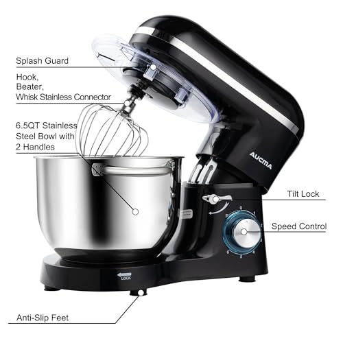 Aucma Stand Mixer,6.5-QT 660W 6-Speed Tilt-Head Food Mixer, Kitchen Electric Mixer with Dough Hook, Wire Whip & Beater (6.5QT, Black)