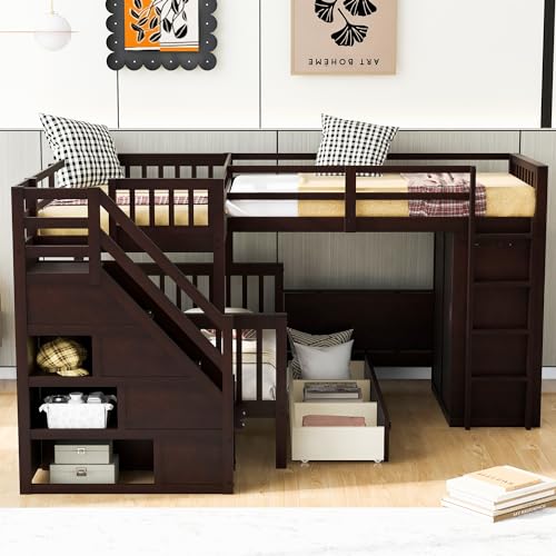 L-Shape Triple Bunk Beds with Stairs and Desk, Wood Twin-Over-Full Bunk Bed with Storage Wardrobe, Shelves and Drawers