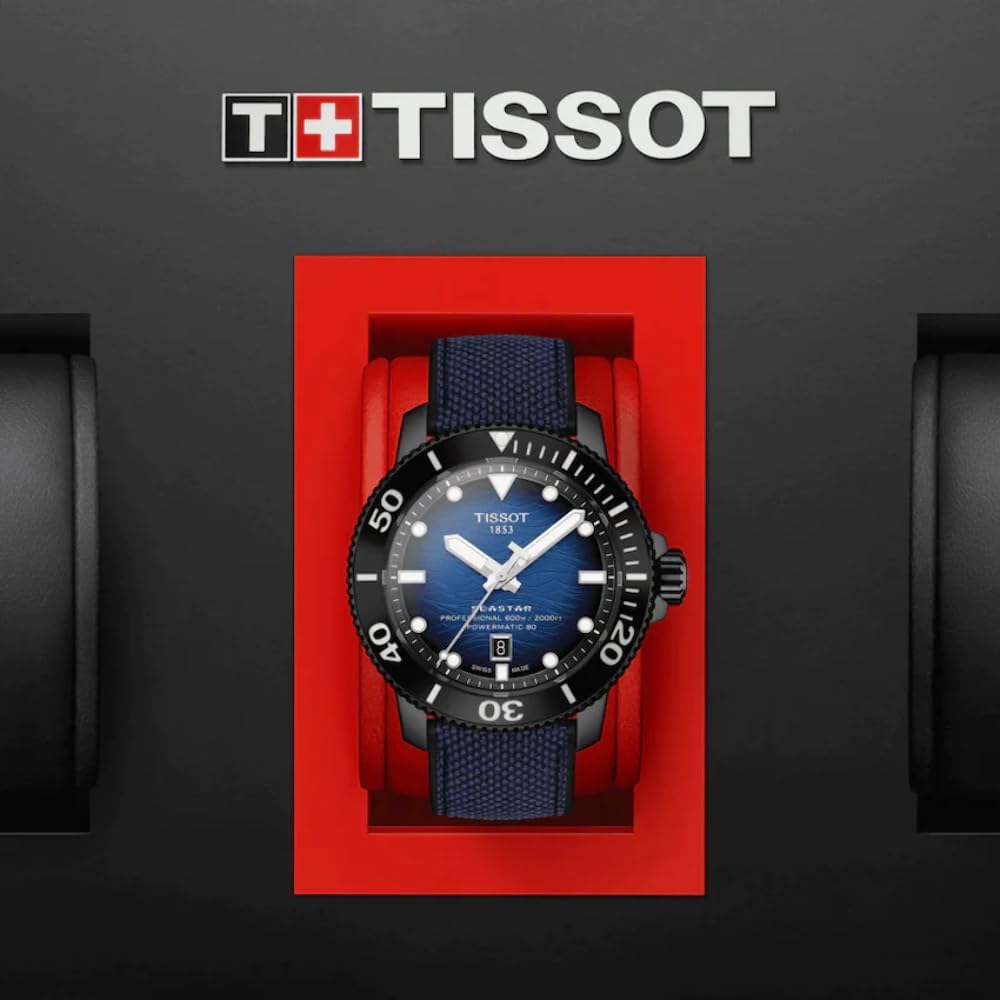 Tissot Mens Seastar 2000 Professional Powermatic 80 316L Stainless Steel case with Black PVD Coating Automatic Watch, Blue/Black, Rubber