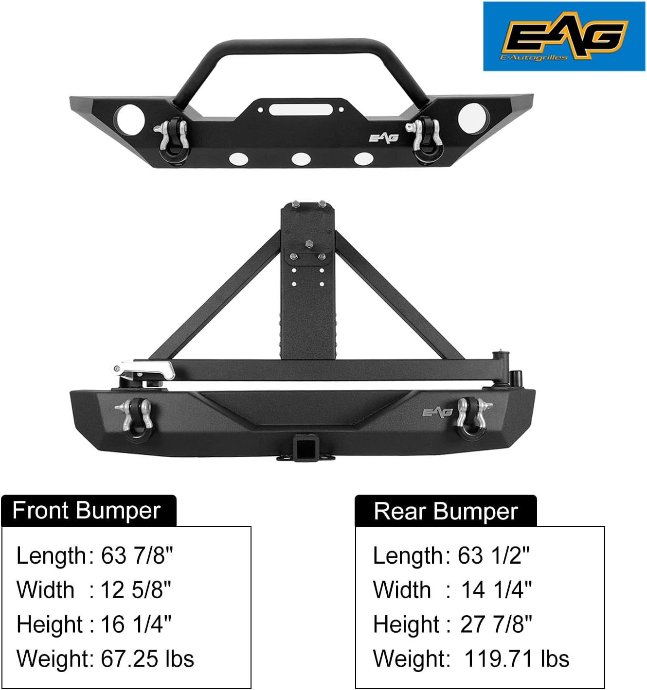 EAG JK Bumper Combo Front and Rear Bumper with Tire Carrier Fit for 2007-2018 Wrangler JK