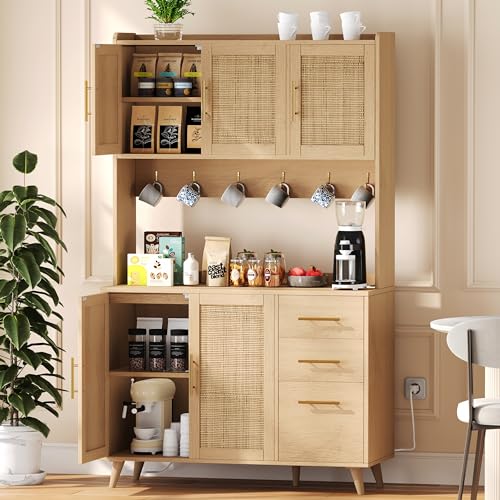 Rovaurx 70.9" Kitchen Pantry Cabinet with Microwave Shelf, Rattan Kitchen Hutch Cabinet with Charging Station