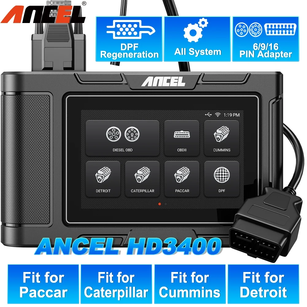 ANCEL HD3400 Diesel Truck Scanner Heavy Duty Truck Diagnostic Tool DPF Regen All Systems Scanner HD OBD Scanner Truck Code Reader for Cummins Engine