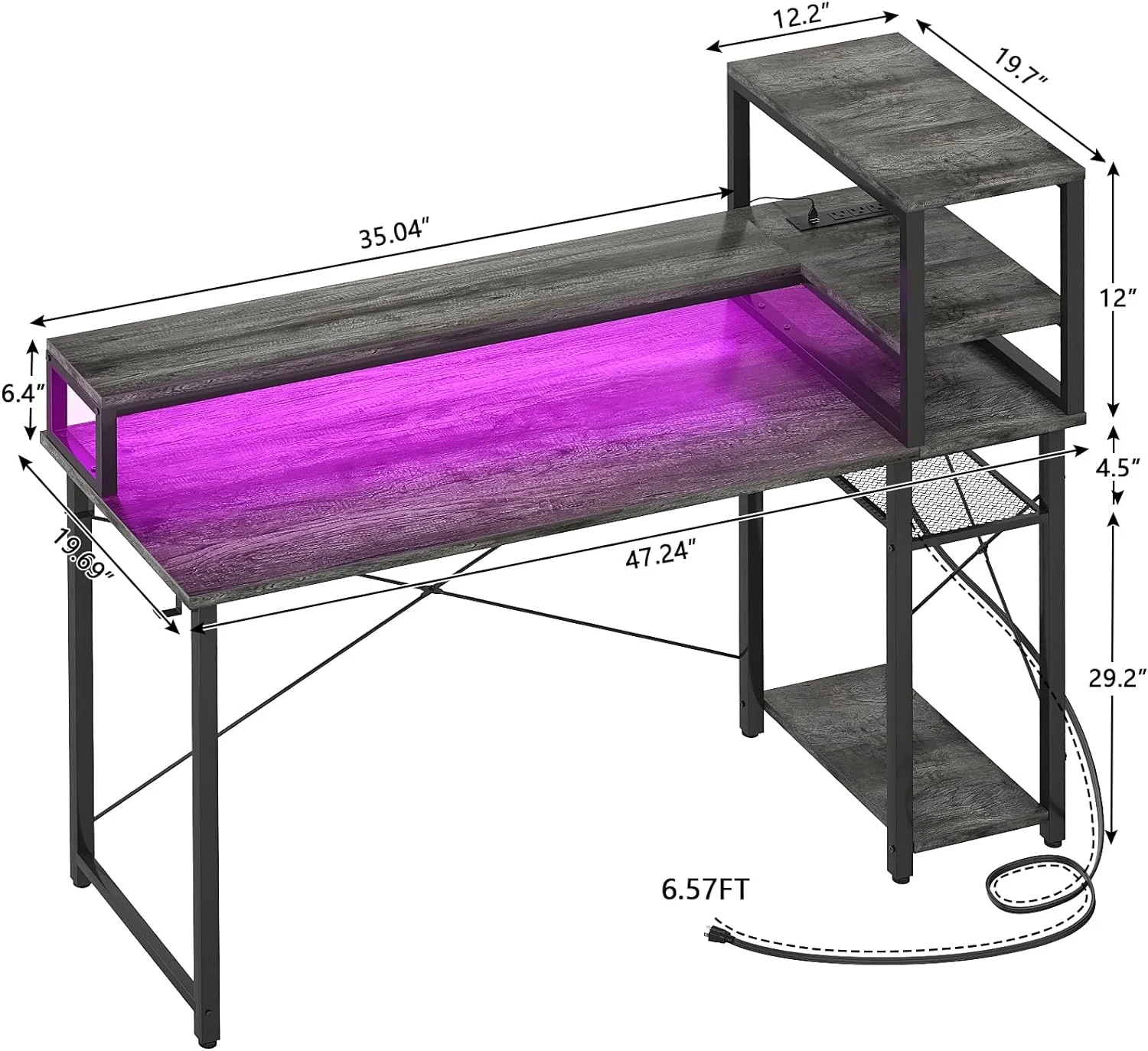 Homieasy Computer Desk with Power Outlet and USB Ports, 47 inch Ergonomic Gaming Desk with LED Strip and Monitor Stand