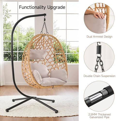 Egg Chair with Stand, Wicker Rattan Swing Hammock Chair with Fine Lace & Cushion, Hanging Chair with Double Chains