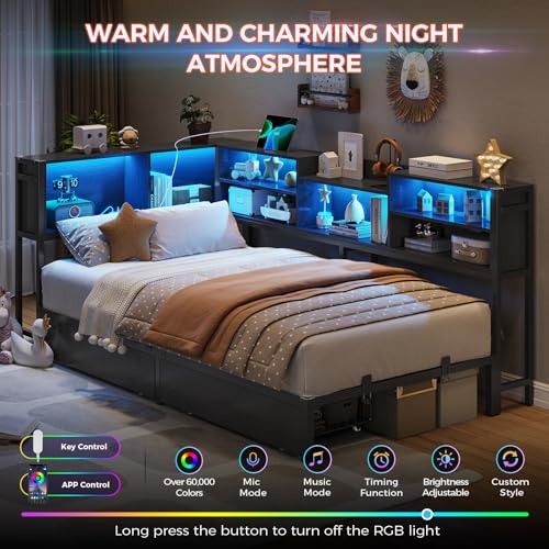 DICTAC Corner Twin Bed Frame with Bookcase Storage and Led Lights Metal Twin Size Platform Beds with Storage and Charging Station Twin Daybed with 2