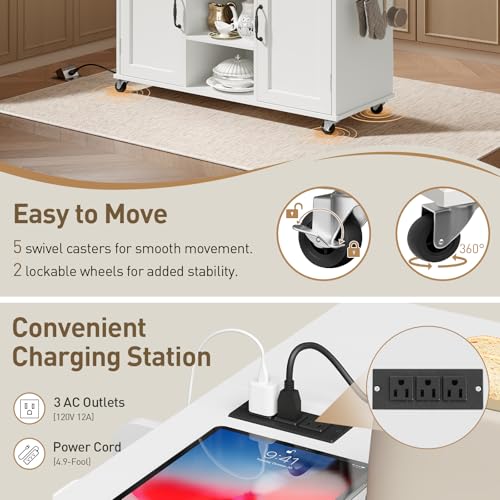 Kitchen Island with Power Outlets & Drop Leaf, Kitchen Cart with Storage, Drawer and Spice Rack, Tower Rack, Island Table, White and Walnut