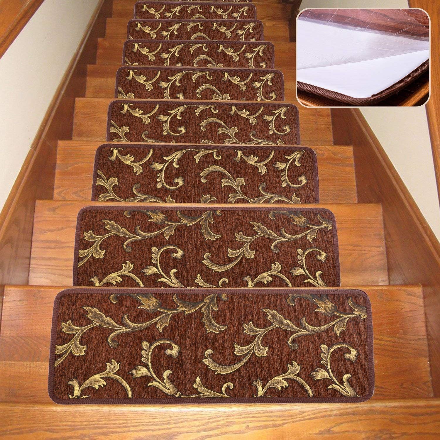 Seloom Blue Non-Slip Stair Treads Carpet with Skid Resistant Rubber Backing and Modern Moroccan Diamond Trellis Design for Indoor Wooden Steps