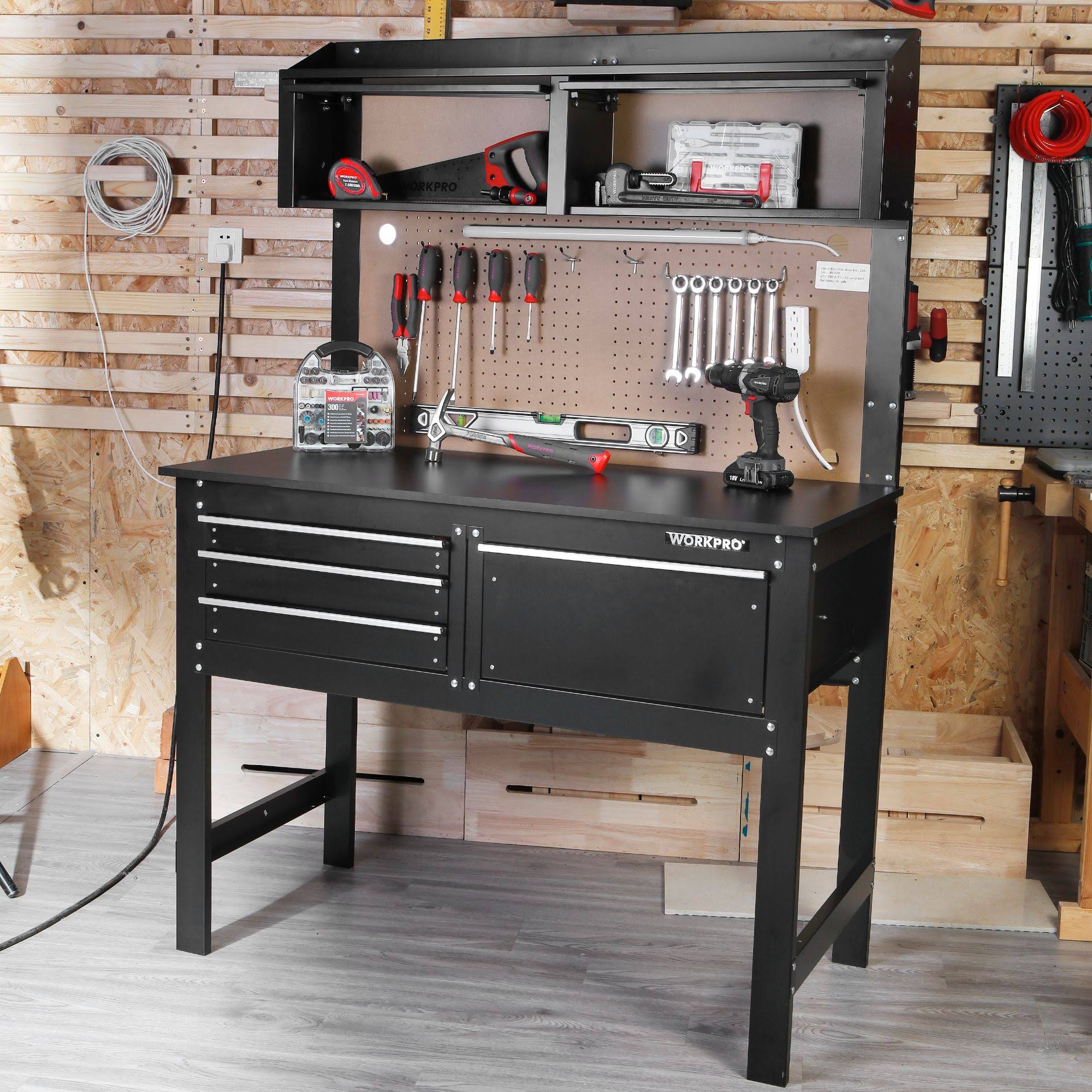 WorkPro 2-in-1 48in Workbench and Cabinet Combo with Work Light