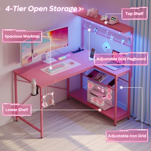 Bestier 42 L Gaming Desk,Computer Desk with Power Outlets, LED Lights, Reversible Corner Desk with 4-Tier Shelves,Cup Holder & Hook Carbon Fiber Black