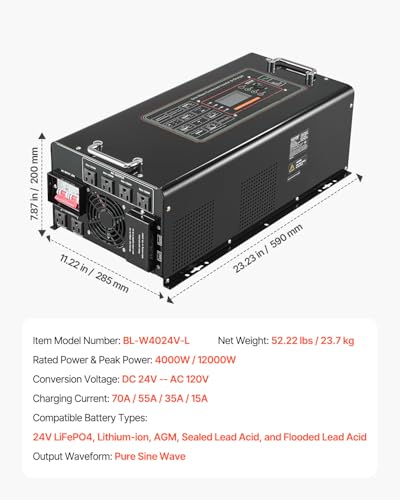 VEVOR Pure Sine Wave Inverter Charger, 2000 Watt, DC 12V to AC 120V, Battery Charger with LCD Display, Remote Control