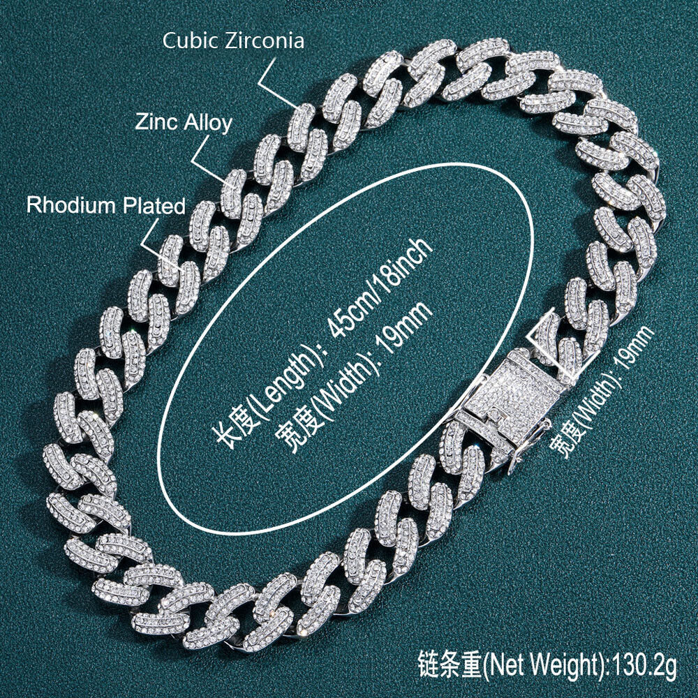 Men Hip Hop 19mm Necklaces Cuban Chains Bling CZ 18K Gold Silver Plated Jewelry