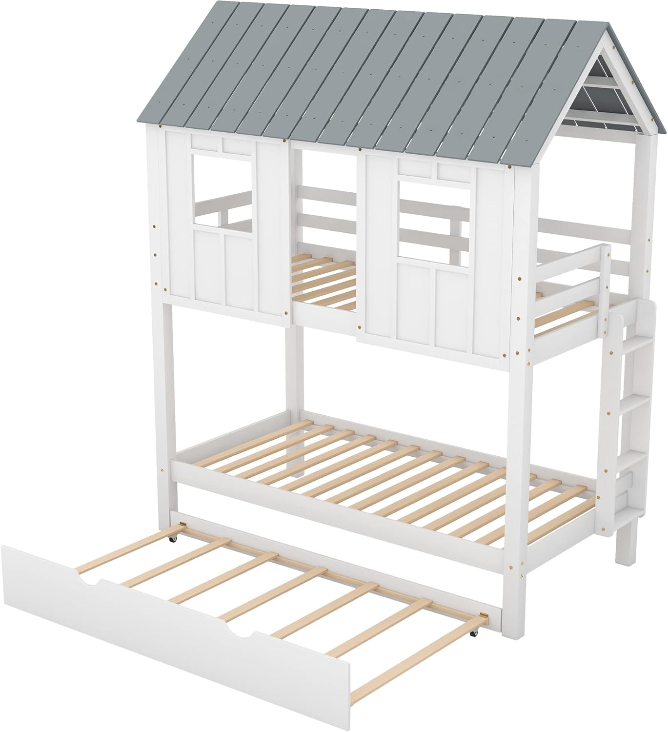 TRIPLE TREE Wood House Bunk Bed with Trundle, Twin Over Twin Bunk Bed with Full-Length Guardrails and A Ladder for Child Girls and Boys