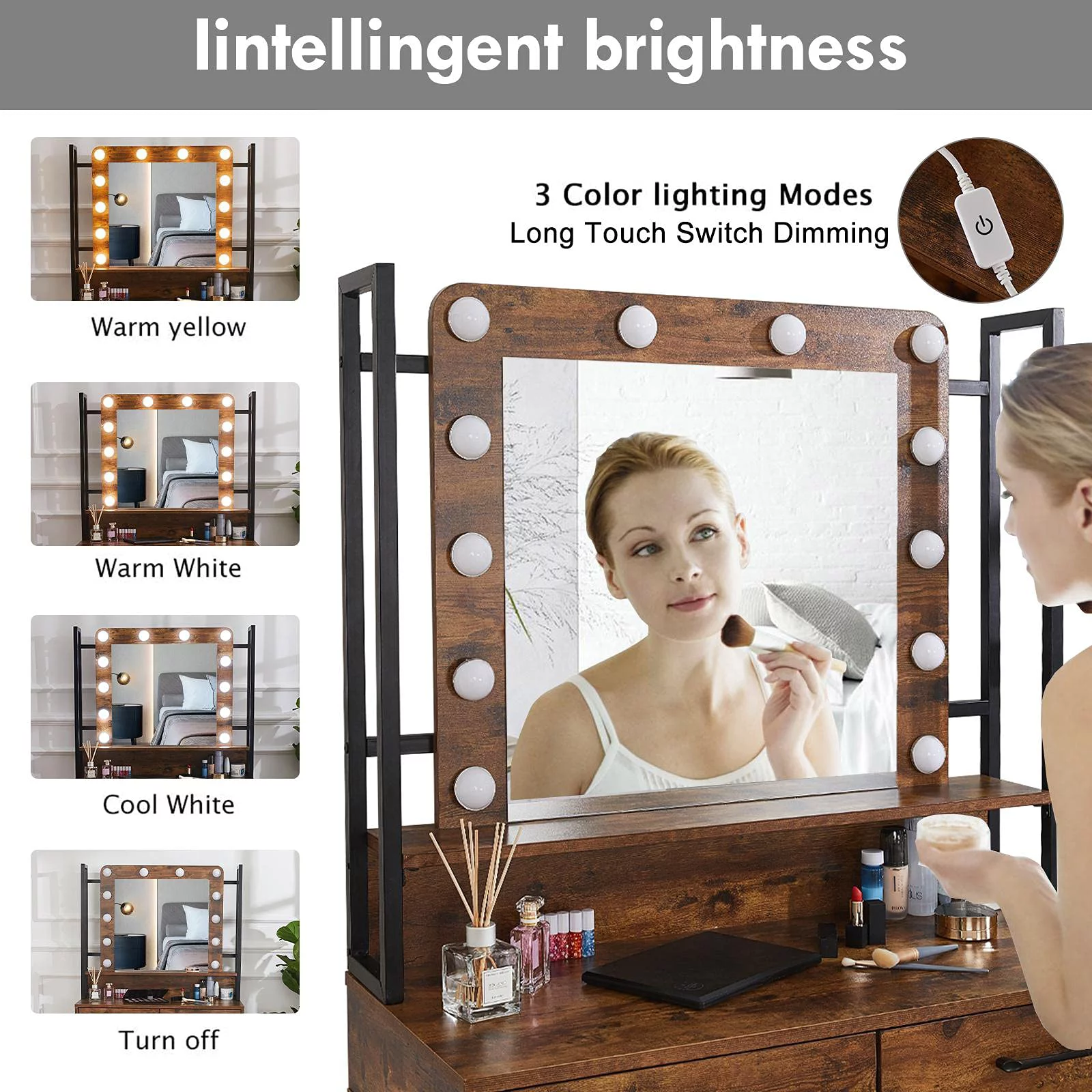Veanerwood Rustic Vanity Set with Adjustable Lights, Makeup Vanity Table Desk for Bedroom, 3 Drawers, Brown