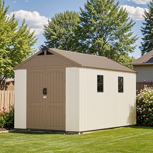 Patiowell 8 x 12 FT Plastic Outdoor Storage Shed with Floor, Resin Shed with Window and Lockable Door for Garden, Backyard, Tool Storage Use