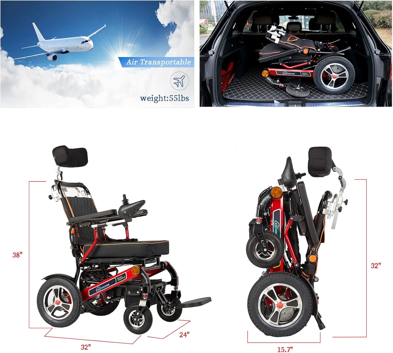 ENCAREFOR 600W Remote Control Electric Wheelchair, Reclining Portable Folding Power Wheelchair,Aluminum Alloy Lithium Battery Powerful Wheelchair