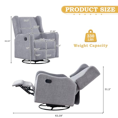 Swivel Rocking Recliner Chair for Adults, Upholstered Modern Manual Reclining Chair for Living Room, Adjustable Nursery Glider Rocker Chair