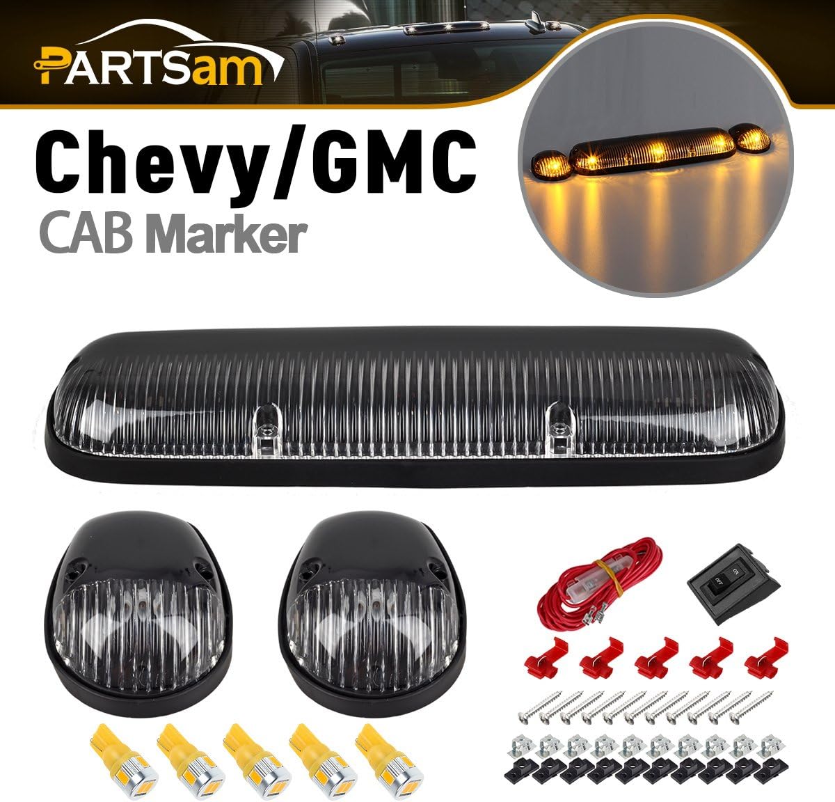Partsam Cab Light Top Roof Running Cab Marker Lights 264155CL 3PCS + T10 LED Bulbs Compatible with Silverado/Sierra 1500 1500HD 2500 2500HD 3500