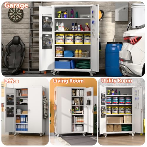 Aobabo 71" H×32" W×16" D Metal Storage Cabinet with Wheels, Garage Steel Storage Cabinet with 5 Adjustable Shelves and 4 Hooks for Home Office