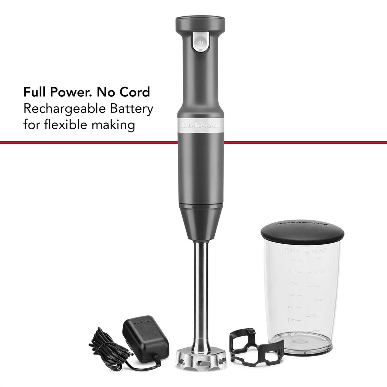 KitchenAid Cordless Variable Speed Hand Blender with Chopper and Whisk Attachment, Charcoal Grey, KHBBV83
