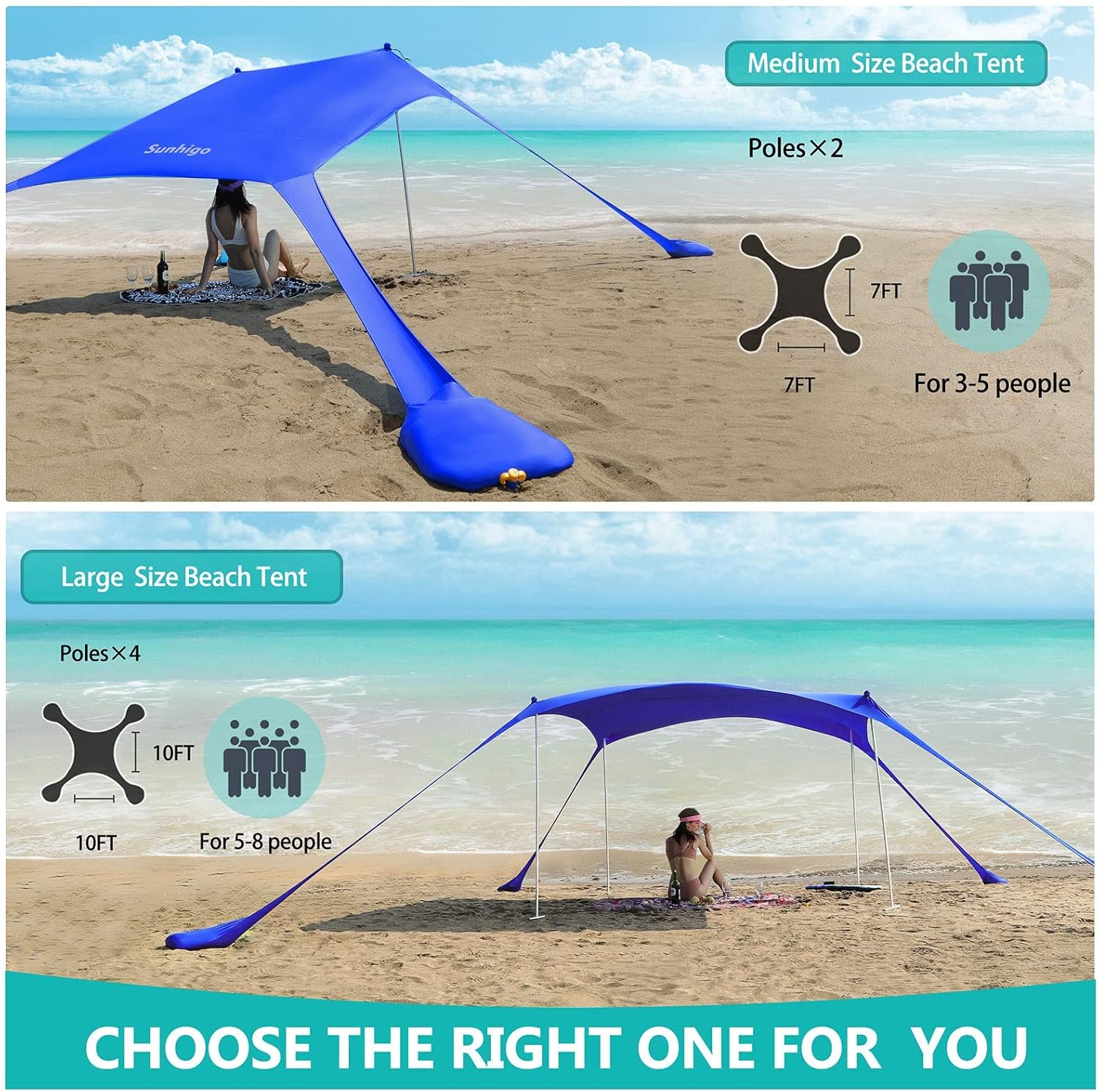Sunhigo Beach Shade Canopy UPF50+ Family Beach Tent with 4 Aluminum Poles, Sand Shovel and Carry Bag