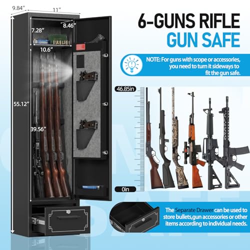 6 Gun Safe,Gun Safe for Rifles and Pistols,Gun Cabinet for Rifles and Shotguns with Drawer,Electronic Rifle Safe,Gun Safes & Cabinets with LED Light