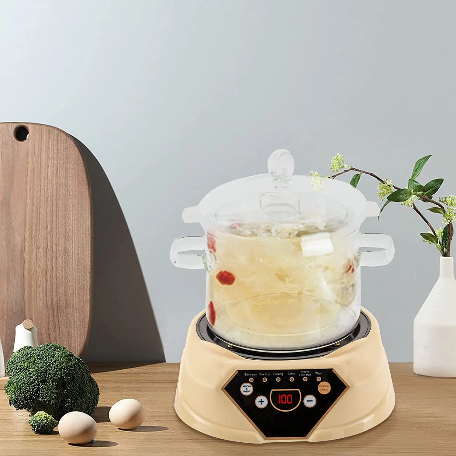 Miumaeov Multifunctional Health Pot 700W Automatic Electric Stew Pot 1.6L for Making Tea, Porridge and Soup, Clear, Cream Yellow