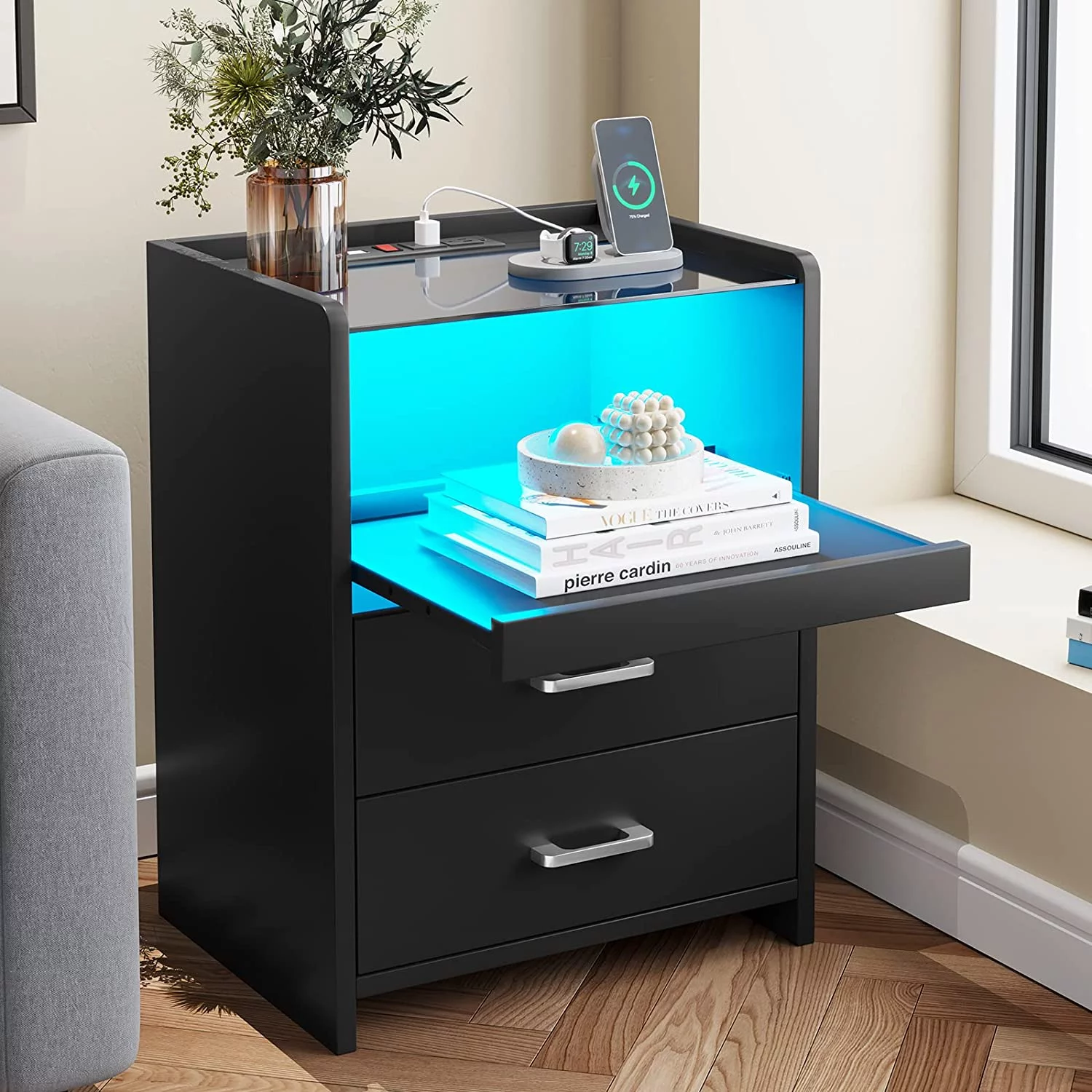Black Nightstand with LED Lights and Charging Station,LED Nightstand with Sliding Storage Drawers & Shelf, Glass Top,Black