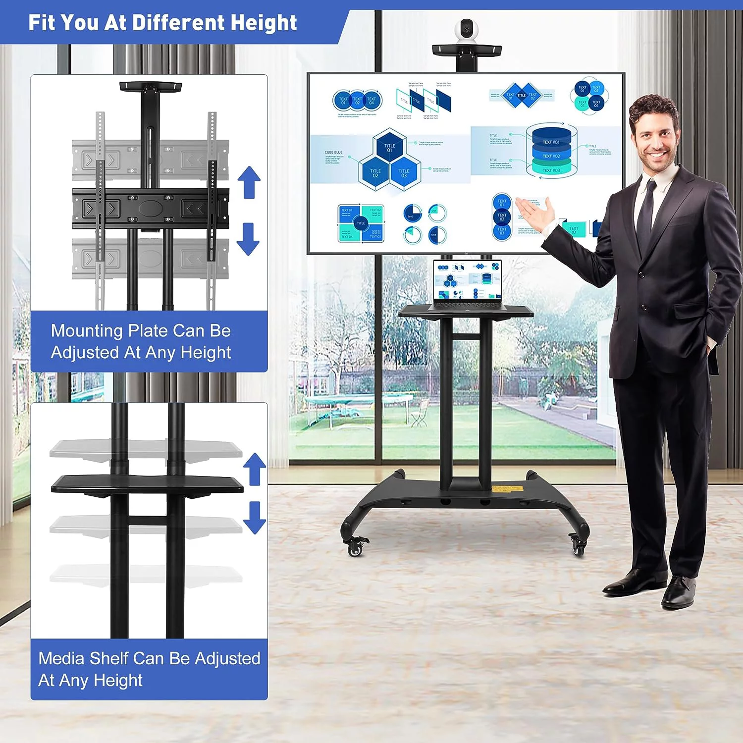 Mobile TV Cart TV Stand with Wheels for 32 to 70 inch Screens up to 99 lbs, Height Adjustable Rolling TV Cart with Camera