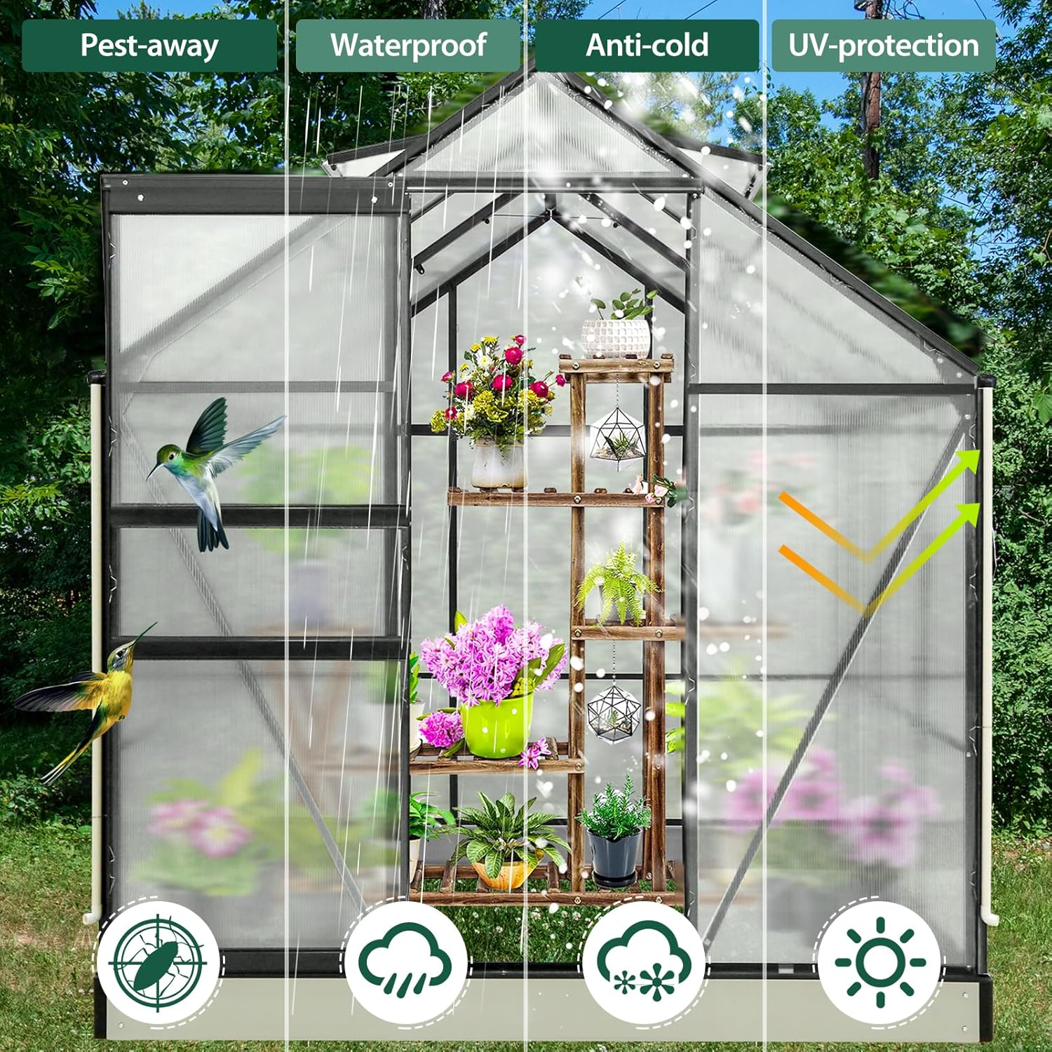 EAGLE PEAK 6x6x7 Outdoor Walk-in Hobby Greenhouse with Adjustable Roof Vent and Rain Gutter, Base and Anchor